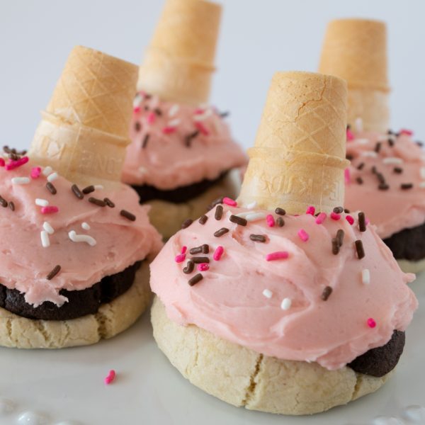 Neapolitan cookie, Chocolate, Strawberry and Vanilla Cookie, sprinkles, topped with mini ice cream cone